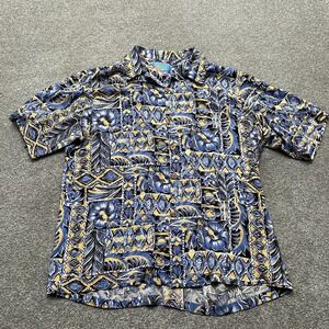 VINTAGE Joe Kealoha Shirt Large Blue Yellow Abstract Print 80s 90s Rayon USA